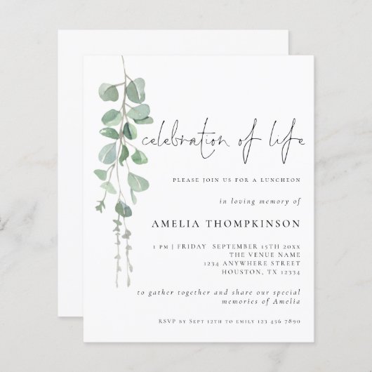 予算お祝いオブライフユーカリ招待状 (正面/裏面)