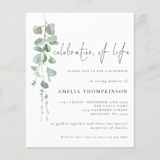 予算お祝いオブライフユーカリ招待状 (正面)