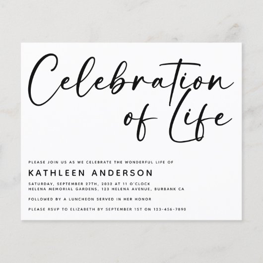 予算お祝いライフ招待状 |ミニマリスト (正面)