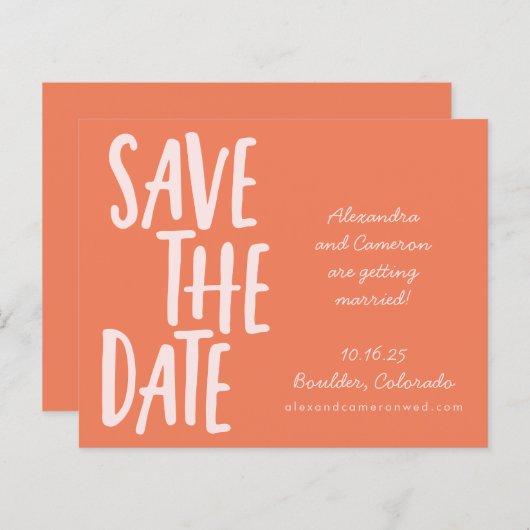 予算かわいいオレンジお洒落色の結婚式の日付を保存 (正面/裏面)