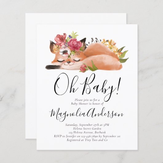 予算かわいいキツネオ赤ちゃんシャワー招待状 (正面/裏面)