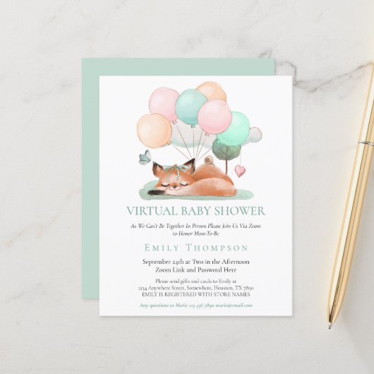 予算かわいいキツネスリープティール（緑がかった色）仮想ベビーシャワー (正面/裏面インサイチュ)