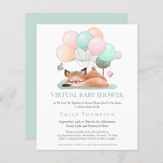 予算かわいいキツネスリープティール(緑がかった色)仮想ベビーシャワー (正面/裏面)