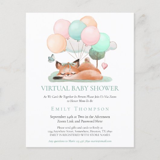 予算かわいいキツネスリープティール（緑がかった色）仮想ベビーシャワー (正面)