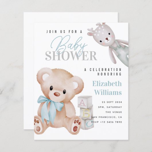 予算かわいいテディベア赤ちゃんシャワー招待状 (正面/裏面)