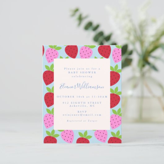 予算かわいいピンク色のブルーストロベリーフルーツ赤ちゃんシャワー (スタンド正面)