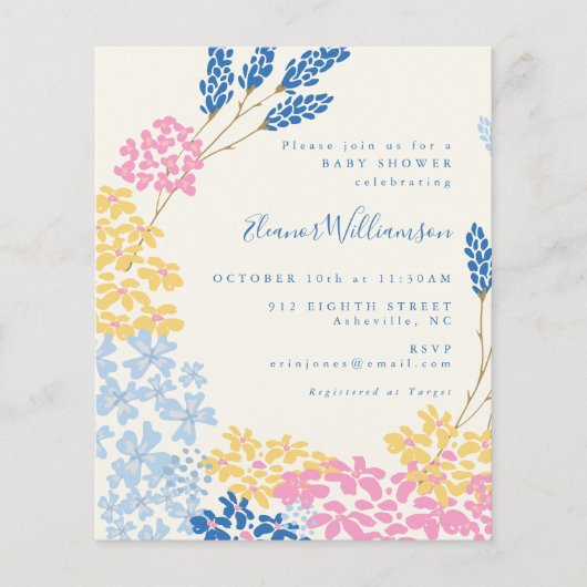 予算かわいいブルーイエローフラワーベビーシャワー招待状 (正面)