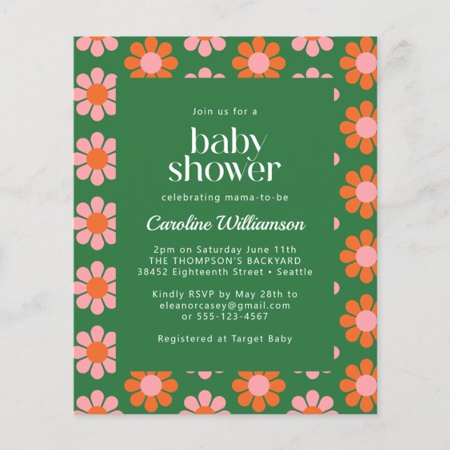 予算かわいいレトロ花緑ピンク赤ちゃんシャワー (正面)