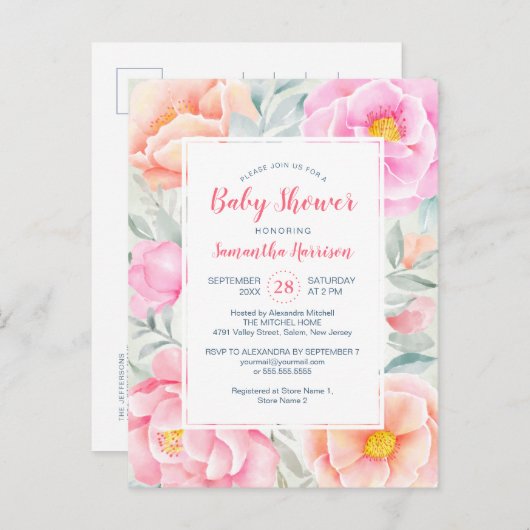予算かわいい牡丹バラピンクフローラ赤ちゃんシャワー インビテーションポストカード (正面/裏面)