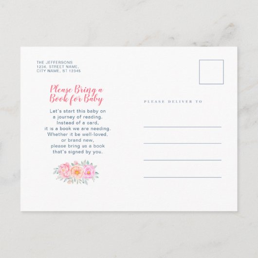 予算かわいい牡丹バラピンクフローラ赤ちゃんシャワー インビテーションポストカード (裏面)