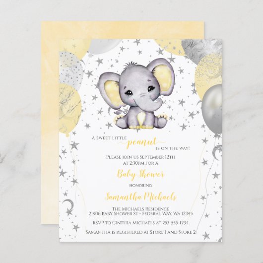 予算かわいい象の黄色のバルーン赤ちゃんシャワー (正面/裏面)