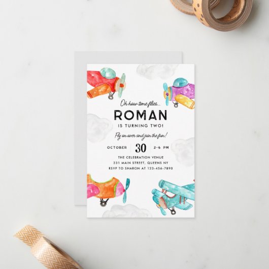 予算かわいい飛行機雲キッド飛行機誕生日 ノートカード (正面/裏面インサイチュ)