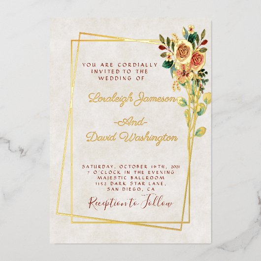予算かわいらしバラと金ゴールド結婚 箔招待状 (正面)