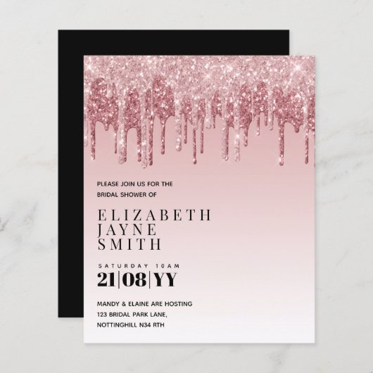 予算かわいらしブライダルシャワーガーリー招待状グリッター (正面/裏面)