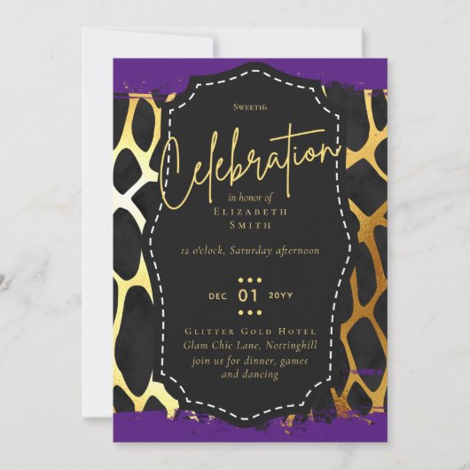 予算かわいらしSweet16金ゴールドアニマルプリントInv 招待状 (正面)