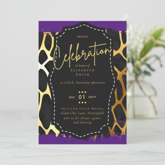 予算かわいらしSweet16金ゴールドアニマルプリントInv 招待状 (スタンド正面)