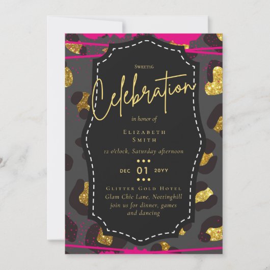 予算かわいらしSweet16金ゴールドアニマルプリントInv 招待状 (正面)