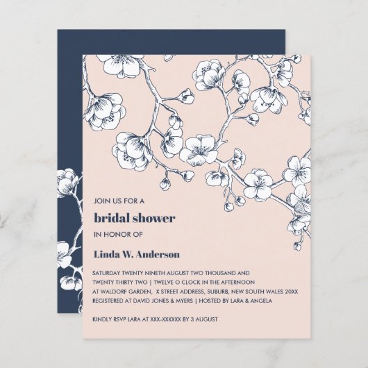 予算さくらんぼブロッサムネイビー赤面ブライダルシャワー (正面/裏面)