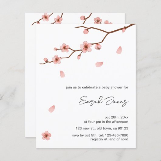 予算さくらんぼブロッサムフローラベビーシャワー招待状 (正面/裏面)