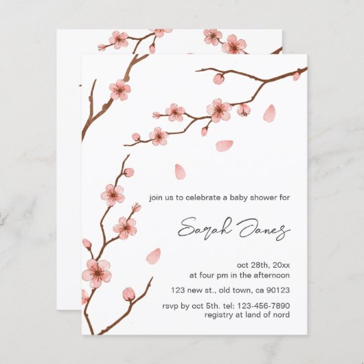 予算さくらんぼ花咲き花赤ちゃんシャワー招待状 (正面/裏面)