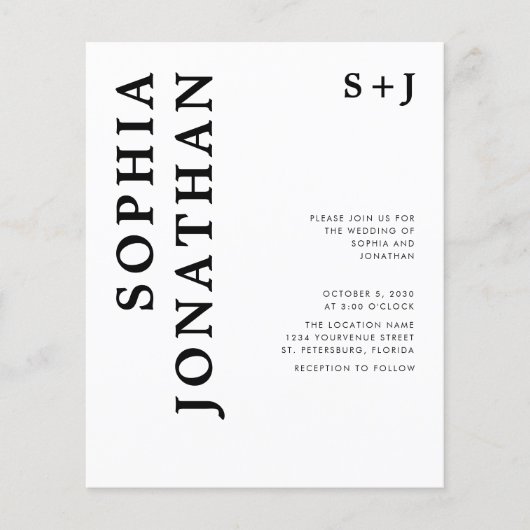 予算すべてを1つのはっきりしたタイポグラフィ結婚式の招待 (正面)
