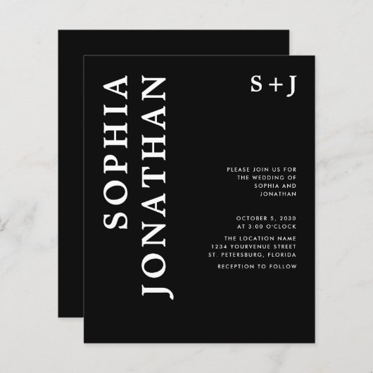 予算すべてを1つのはっきりしたタイポグラフィ結婚式の招待 (正面/裏面)