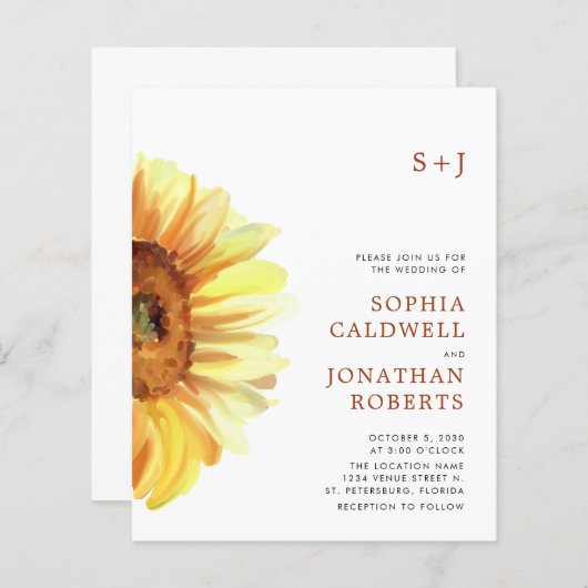 予算すべてを1つのひまわりウェディングモダン招待に追加 (正面/裏面)