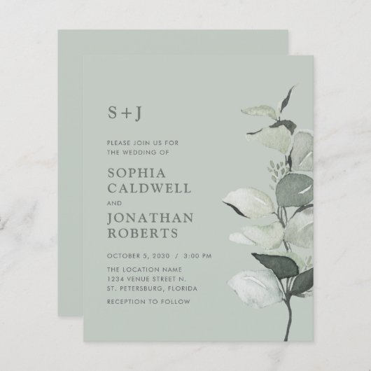 予算すべてを1つのセージeucalyptus結婚式の招待 (正面/裏面)