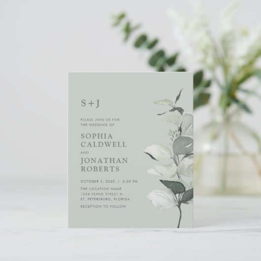 予算すべてを1つのセージeucalyptus結婚式の招待 (スタンド正面)