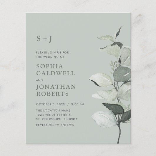 予算すべてを1つのセージeucalyptus結婚式の招待 (正面)