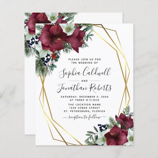 予算すべてを1つのブルゴーニュフローラ結婚式の招待 (正面/裏面)