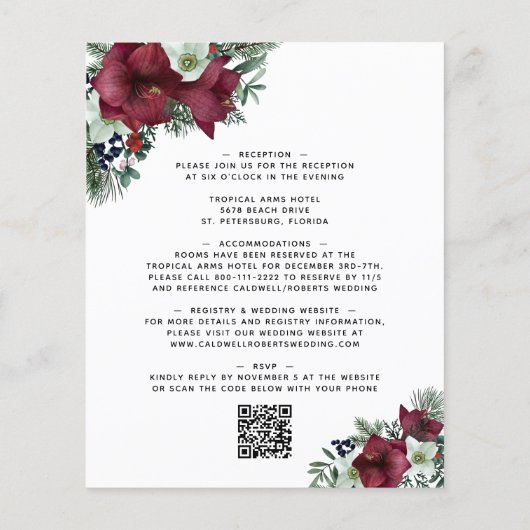 予算すべてを1つのブルゴーニュフローラ結婚式の招待 (裏面)