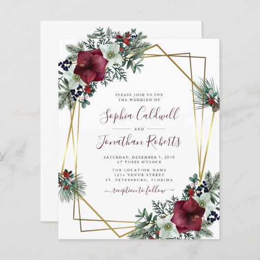 予算すべてを1つのブルゴーニュフローラ結婚式の招待 (正面/裏面)