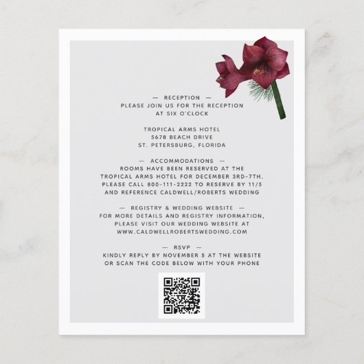 予算すべてを1つのブルゴーニュフローラ結婚式の招待 (裏面)