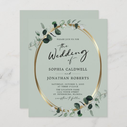 予算すべてを1つのユーカリ聖人結婚式の招待 (正面/裏面)