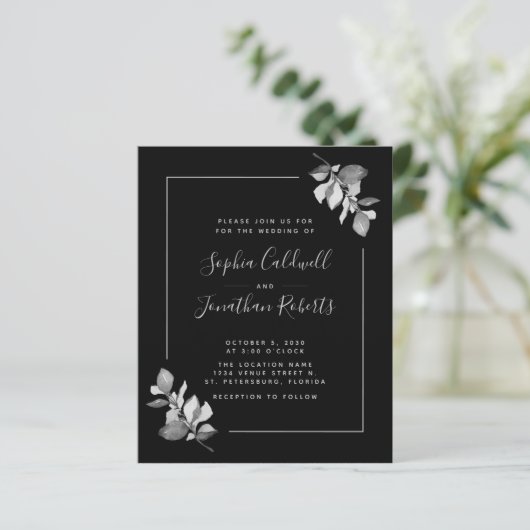 予算すべてを1つのユーカリ黒い結婚式の招待 (スタンド正面)