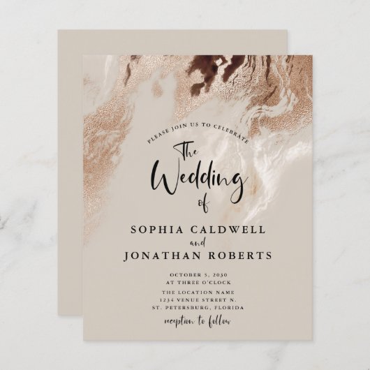 予算すべてを1つの抽象芸術大理石の結婚式の招待 (正面/裏面)