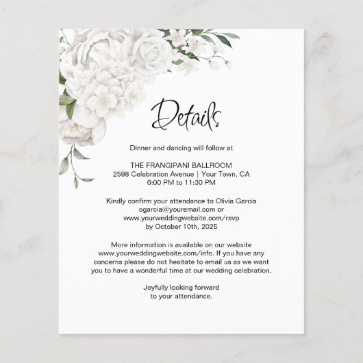予算すべてを1つの白いフローラ結婚式招待状 (裏面)