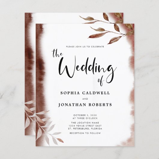 予算すべてを1つの秋の葉の結婚式招待状 (正面/裏面)