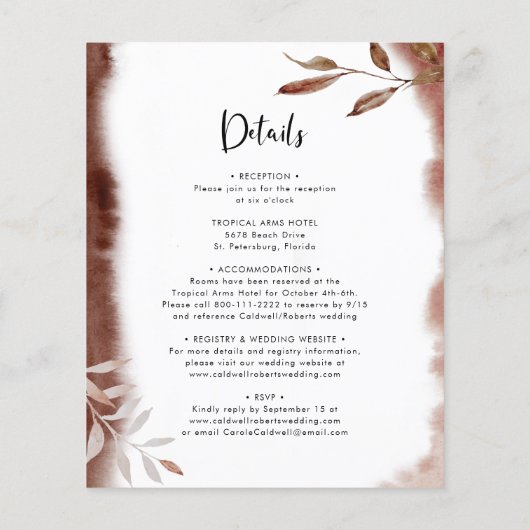 予算すべてを1つの秋の葉の結婚式招待状 (裏面)