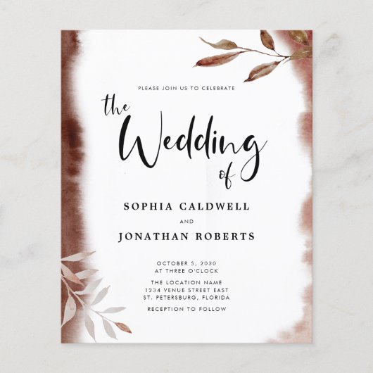 予算すべてを1つの秋の葉の結婚式招待状 (正面)