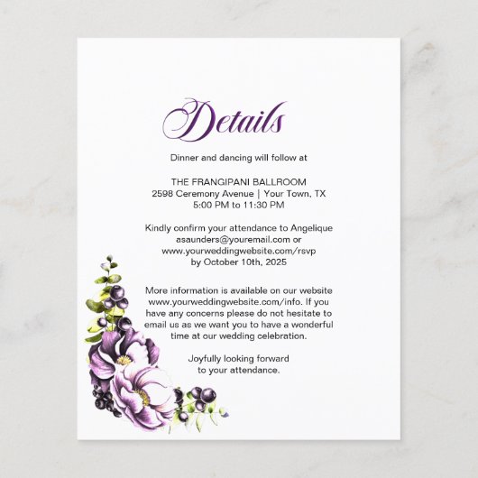 予算すべてを1つの紫色のフローラ結婚式招待状 (裏面)