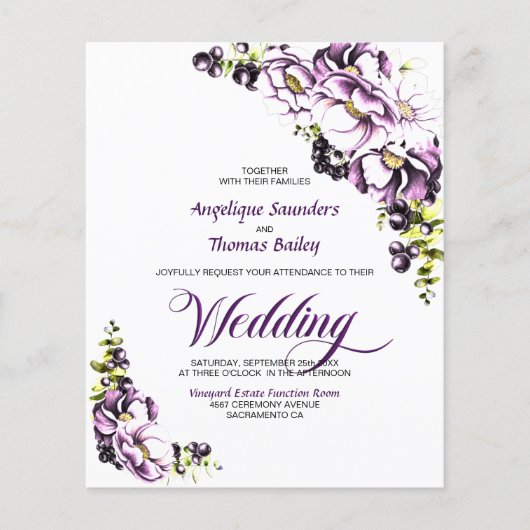 予算すべてを1つの紫色のフローラ結婚式招待状 (正面)