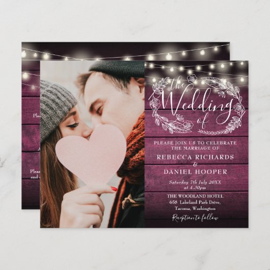 予算すべてを1つの赤い写真素朴の結婚式の招待 (正面/裏面)