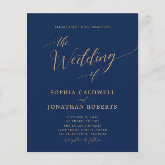 予算すべてを1つの金ゴールドと海軍の結婚式の招待 (正面)