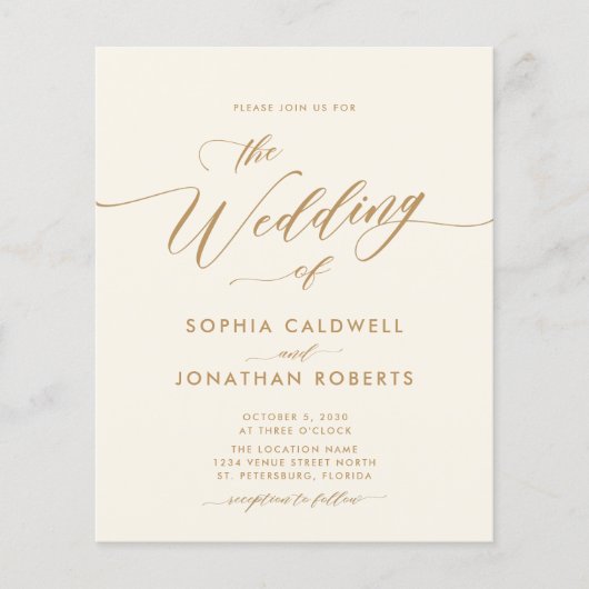 予算すべてを1つの金ゴールド書道結婚式の招待 (正面)