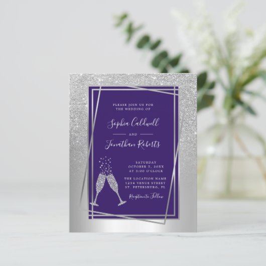 予算すべてを1つの銀と青の結婚式の招待 (スタンド正面)