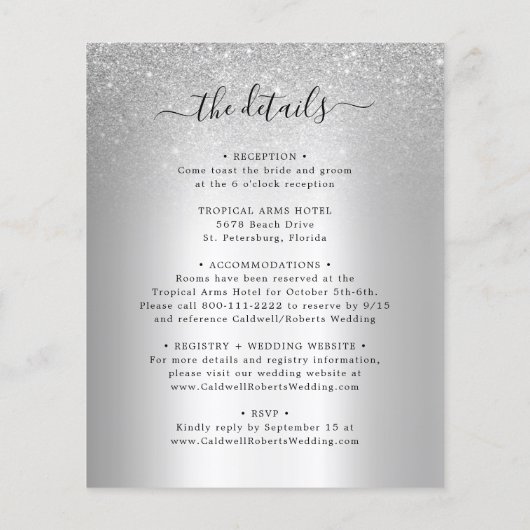 予算すべてを1つの銀と青の結婚式の招待 (裏面)