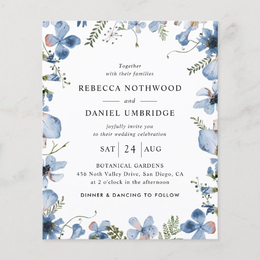 予算すべてを1つの青い花の結婚式招待状 (正面)