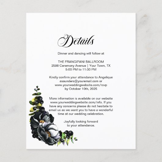 予算すべてを1つの黒いフローラ結婚式招待状 (裏面)